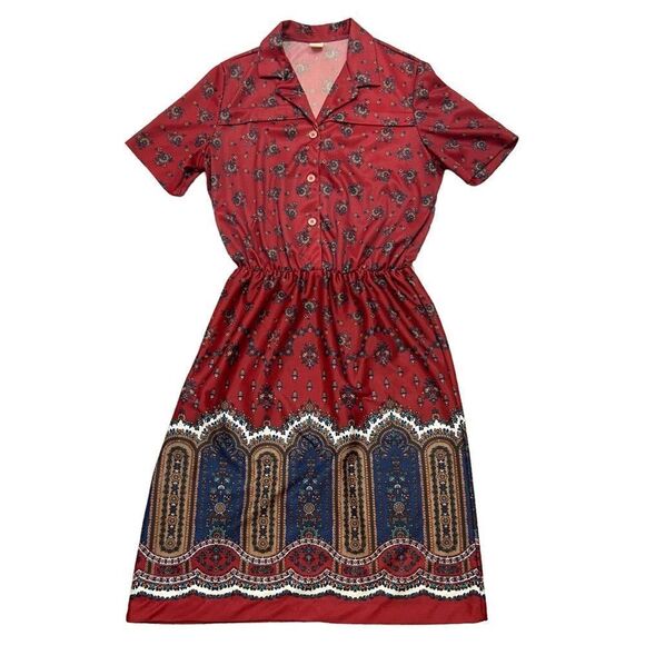 Vintage 70-80’s One Piece Print Button Up Dress Size 14 Pristine‎ Condition - Picture 1 of 14